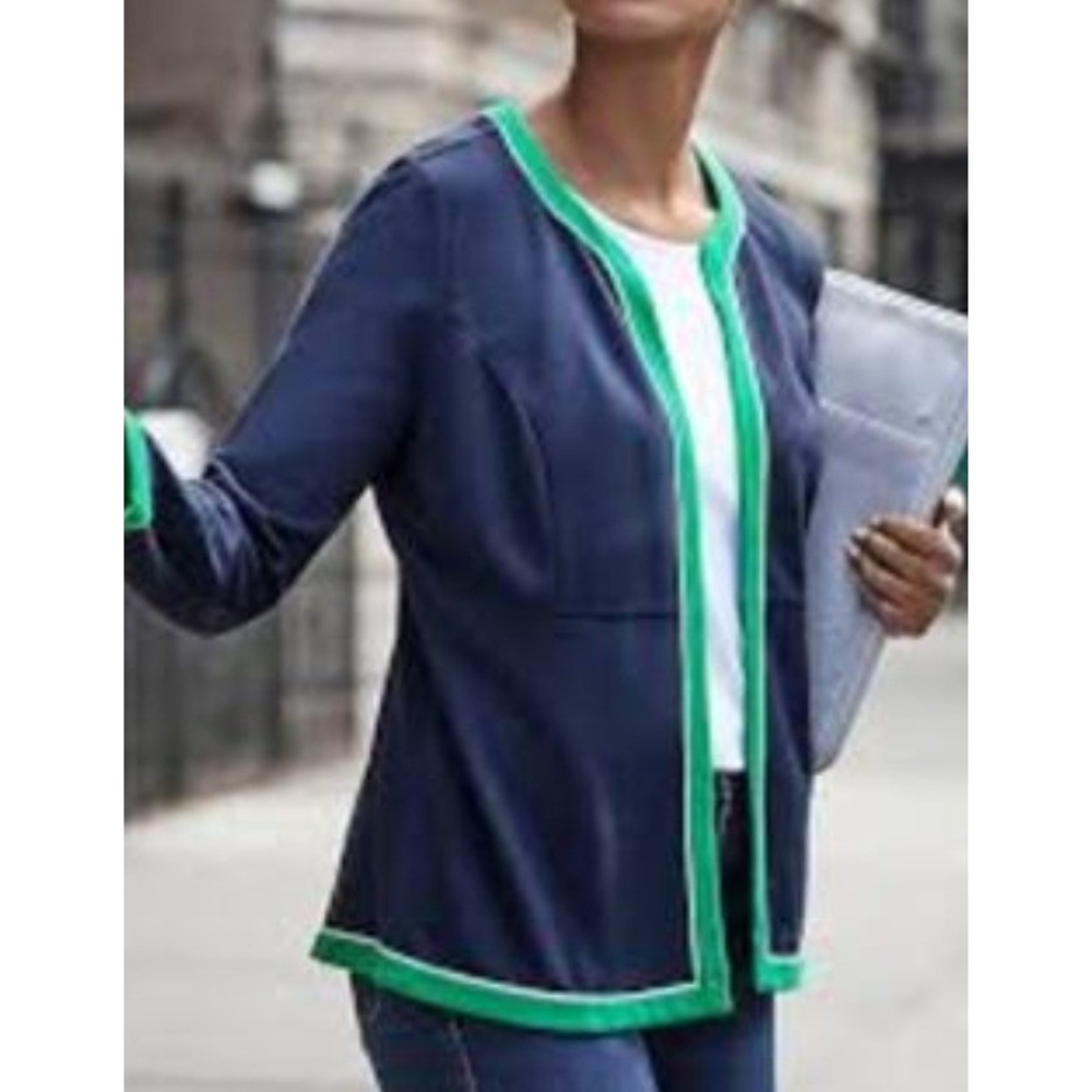 J. Jill Wearever Navy Blue Green Contrast Trim Jersey Jacket Blazer Medium